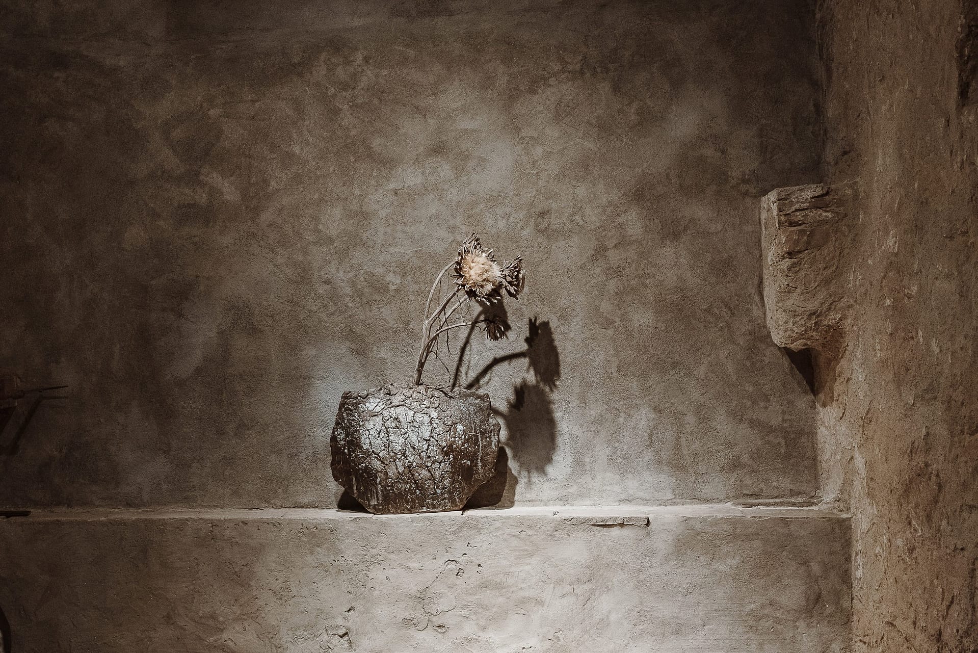 Matteo Brioni's coarse-grained clay plaster MultiTerra Wabi Sale Grigio (gray salt color) applied on walls in the Kalpa Art Living Gallery of Volterra, project by Olga Niescier, photo by Simone Stanislai